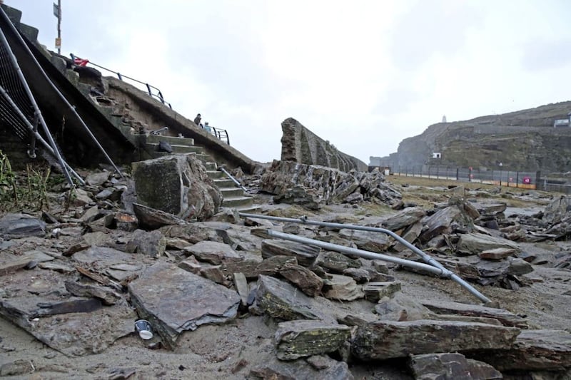 A partially collapsed harbour wall in Portreath, Cornwall, as Storm Eleanor lashed the UK with violent storm-force winds of up to 100mph, leaving thousands of homes without power and hitting transport links. PRESS ASSOCIATION Photo. Picture date: Wednesday January 3, 2018. See PA story WEATHER Gales. Photo credit should read: Steve Parsons/PA Wire 