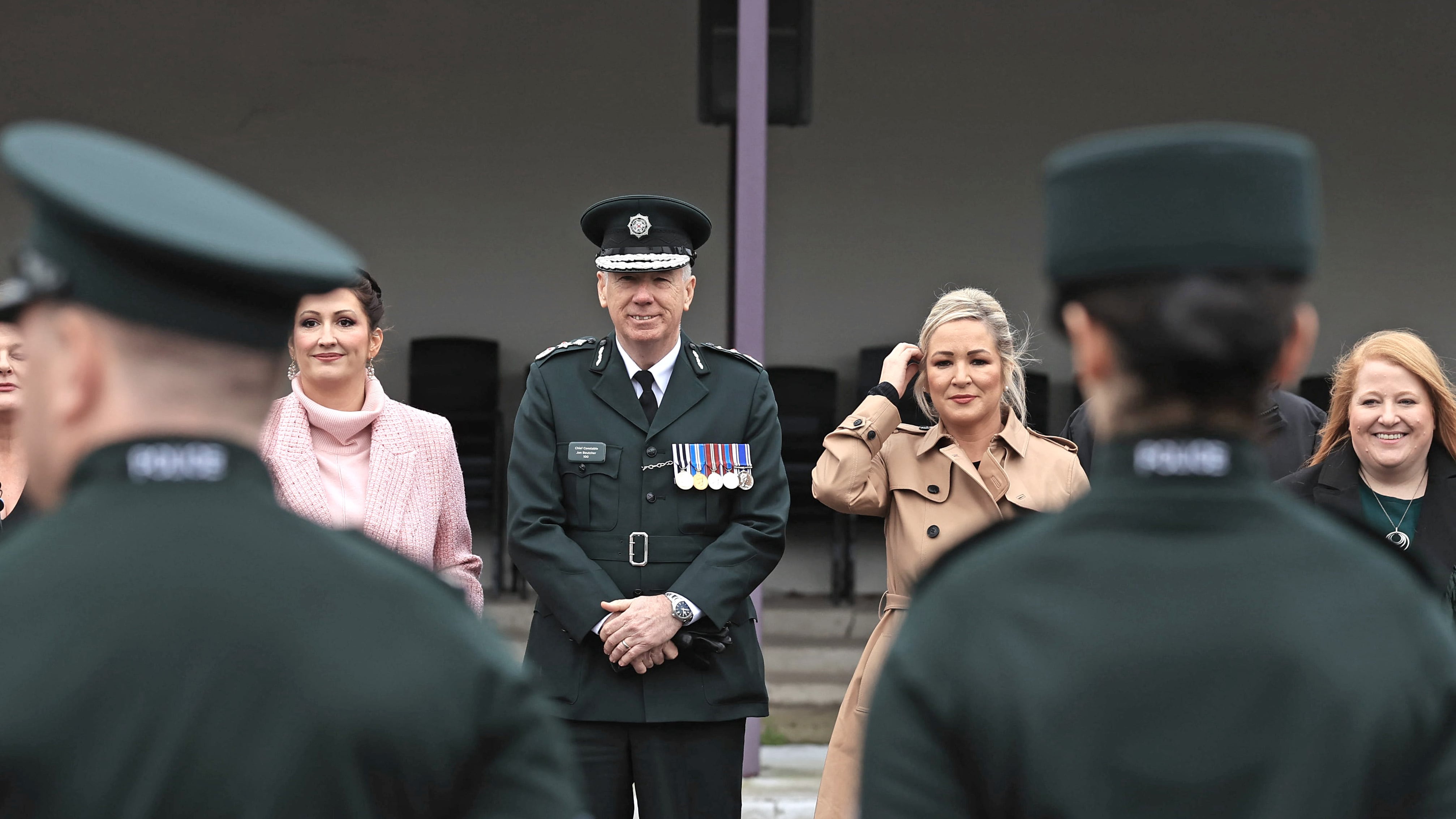 Deputy First Minister Emma Little-Pengelly, Chief Constable Jon Boutcher, Northern Ireland First Minister Michelle O’Neill and Justice minister Naomi Long attending a PSNI graduation ceremony