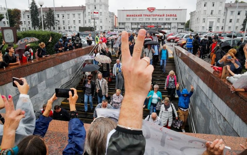 Protesters gather in front of the Minsk Tractor Works Plant to support workers leaving the plant after their work shift in Minsk, Belarus, on August&nbsp;19 2020. Picture by&nbsp;Dmitri Lovetsky, AP photo