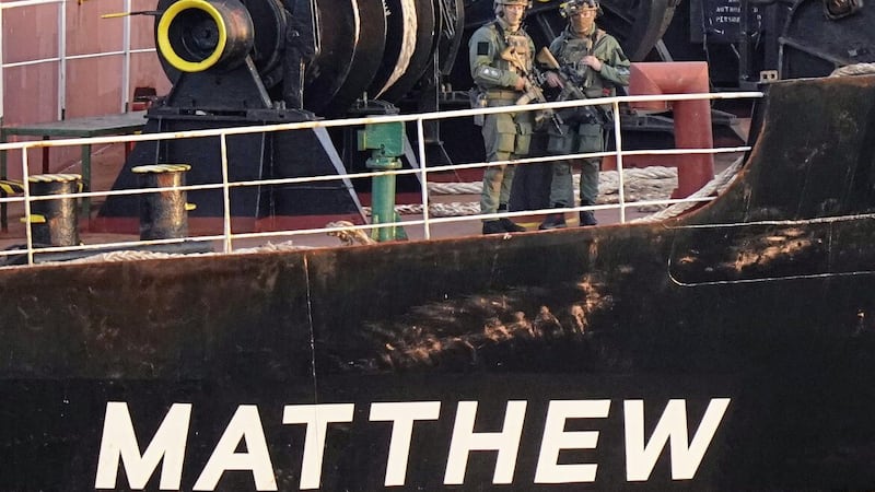 Military personnel aboard the MV Matthew as it was escorted into Cork by the Irish Navy. A haul of cocaine worth £136 million was found on the vessel. Picture Niall Carson. PA Wire