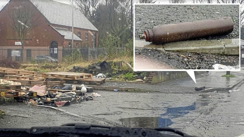 Photos appear to show a gas cylinder on the roadside at Lanark Way off Shankill Road in west Belfast 