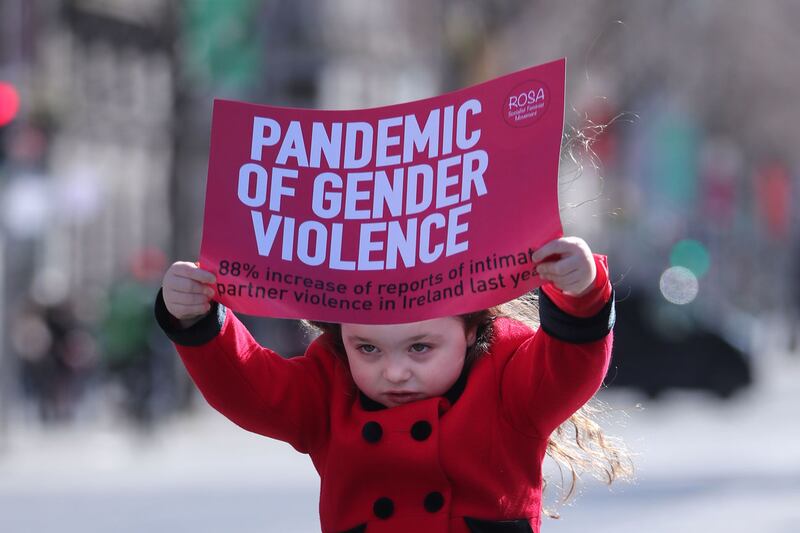 Ayrainna Lamcellari, 4, holds a placard during a protest in <span class="red">Dublin</span> organised in remembrance of murdered Sarah Everard and in protest of continued violence against women. Picture by Niall Carson/PA Wire