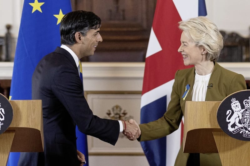 Prime Minister Rishi Sunak and European Commission president Ursula von der Leyen as the EU and British government agree the Windsor Framework in February