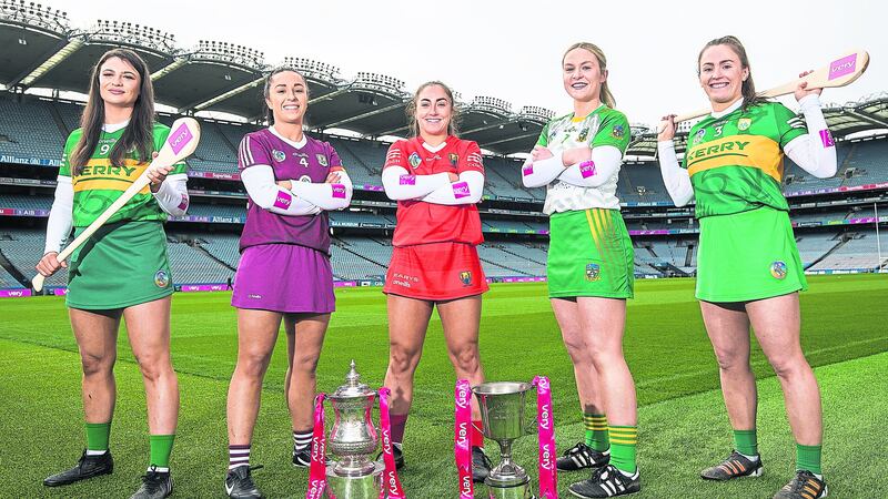 Kerry’s Clodagh Walsh, Galway’s Dervla Higgins, Cork’s Amy O’Connor, Meath’s Ellen Burke and Kerry’s Sara Murphy at Croke Park for the launch of the Very Ireland Camogie League Division 1A and 2A finals