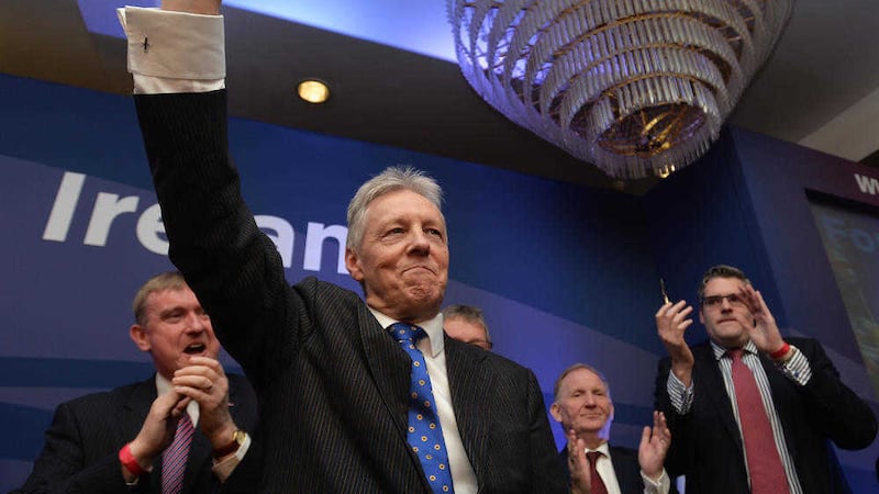 First Minister Peter Robinson bids farewell during the DUP annual Conference at the La Mon Hotel in Belfast&nbsp;