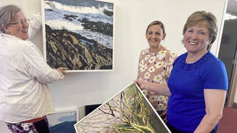 Members of the Ulster Society of Women Artists: Leslie Ann Sharp, Caroline McVeigh and president Catherine McKeever 