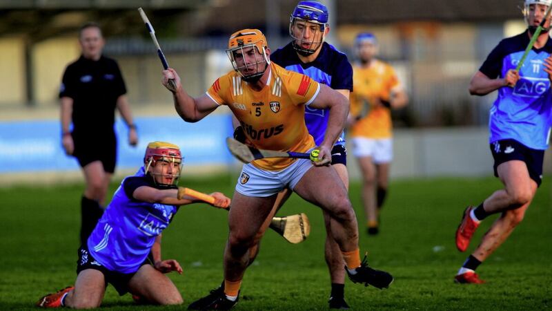 Antrim&rsquo;s Michael Bradley tries to escape the attentions of Dublin&rsquo;s Paul Crummey and Andrew Jamieson-Murphy during Saturday&rsquo;s Walsh Cup match at Parnell Park Picture by Seamus Loughran 