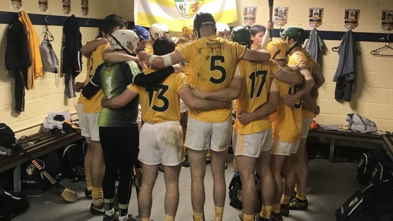 Antrim hurlers bond together in the dressing room to steel themselves for the fray against reigning All-Ireland champions Galway: Picture: Antrim GAA Twitter (<span class="username u-dir" dir="ltr" style="background: rgb(230, 236, 240); color: rgb(101, 119, 134); font-family: &quot;Segoe UI&quot;, Arial, sans-serif;  font-weight: 700; unicode-bidi: embed; direction: ltr !important;"><a class="ProfileHeaderCard-screennameLink u-linkComplex js-nav" href="https://twitter.com/AontroimGAA" style="background: rgb(230, 236, 240); color: rgb(101, 119, 134); font-family: &quot;Segoe UI&quot;, Arial, sans-serif;  font-weight: 700;">@<span class="u-linkComplex-target" style="font-weight: normal;">AontroimGAA</span></a>)</span>