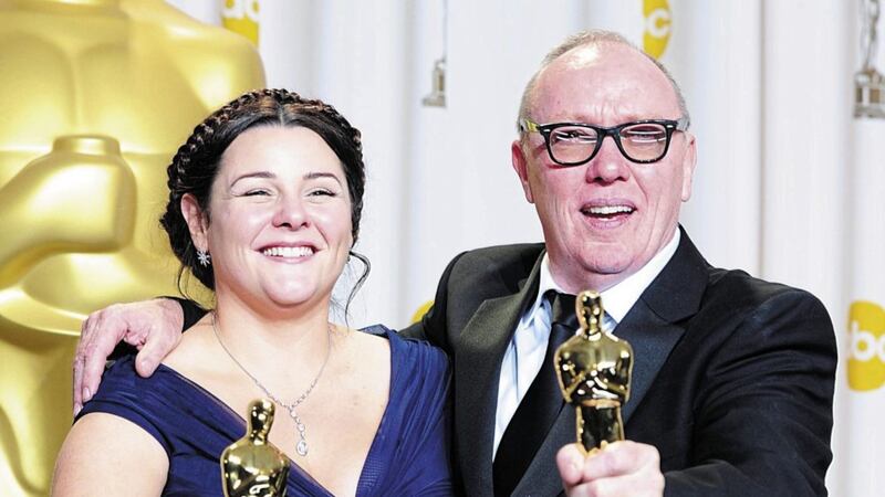 Oorlagh George with her father Terry after they won an Oscar for their short film The Shore in 2012. Picture by Ian West, Press Association 