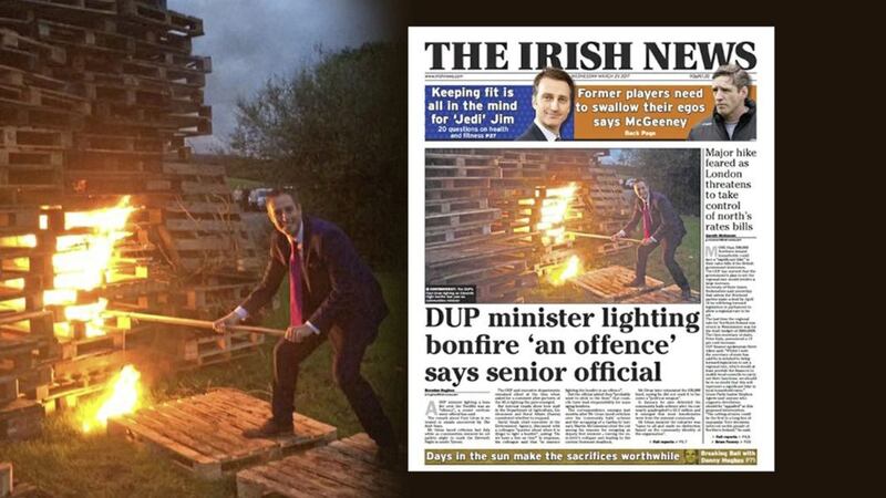 The DUP&#39;s Paul Givan lighting a bonfire last year, and how The Irish News revealed an environment official branded it an &quot;offence&quot; 