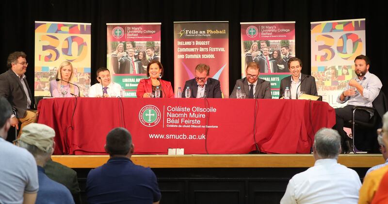 (Left to right) Stephen Farry of Alliance, Lisa Chambers of Fianna F&aacute;il, the UUP's Robin Swann, Mary Lou McDonald of Sinn F&eacute;in, moderator Mark Carruthers, the DUP's Simon Hamilton, Simon Harris of Fine Gael and Colm Eastwood from SDLP at the Feile an Phobail leaders' debate. Picture by&nbsp;Niall Carson, Press Association