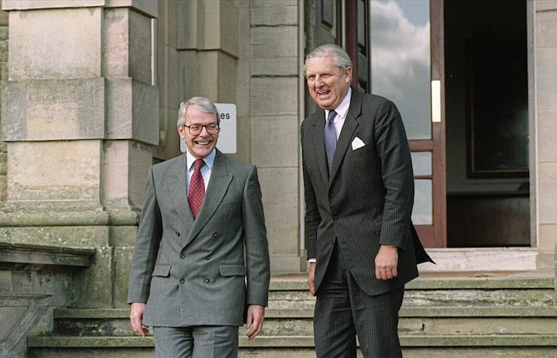 Former Prime Minister John Major with his Secretary of State for Northern Ireland Sir Patrick Mayhew on the steps of Stormont Castle. 