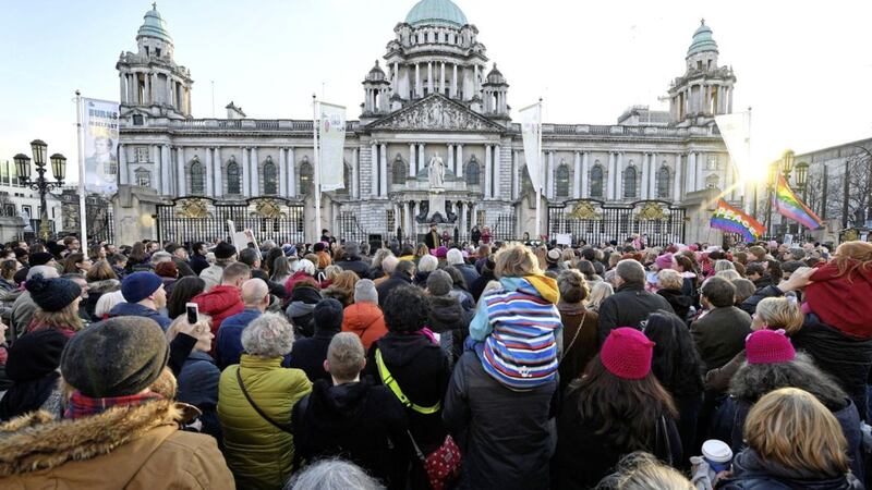 A rally was held in Belfast on Saturday as part of a wave of international action timed to take place on the first day of Donald Trump&#39;s US presidency 
