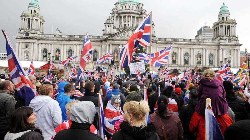 Loyalists gather for a union flag protest outside Belfast city hall in December 2012. 