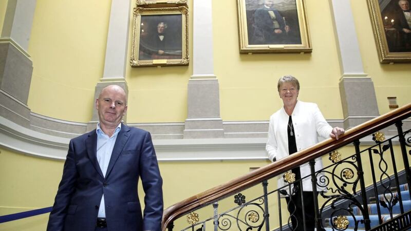 Pictured at the Harbour Commissioners Office are Belfast Harbour&rsquo;s chief executive Joe O&rsquo;Neill and Ellvena Graham, chair of the Northern Ireland Economic Advisory Group. 