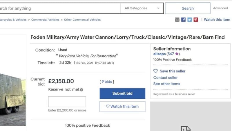 Screenshot from an ebay page of an historic police water cannon, which was sold for &pound;3,100. Picture from ebay/PA Wire 