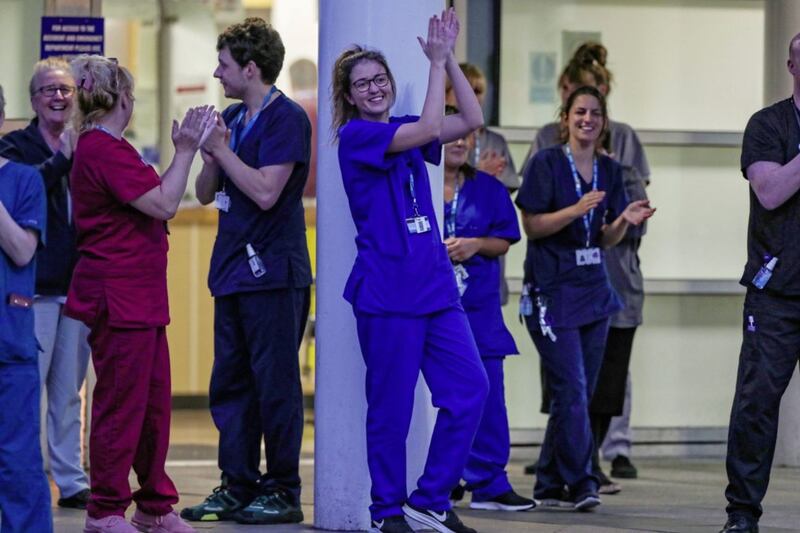 Health service staff joined in the weekly &#39;clap for carers&#39; to applaud the frontline workers in the NHS and other frontline services 