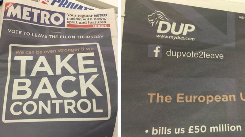 The DUP's advertisement appeared on the front and back of London newspaper The Metro&nbsp;