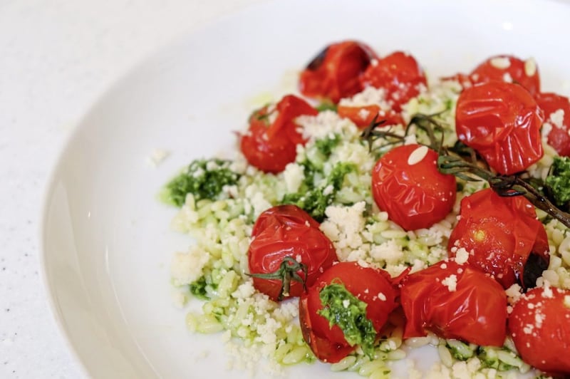 Orzo with roasted tomatoes and pesto dressing 