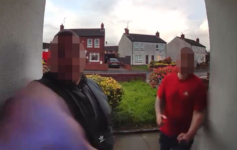 Two men were captured on camera allegedly shouting abuse at the young Catholic mother's home in Lurgan