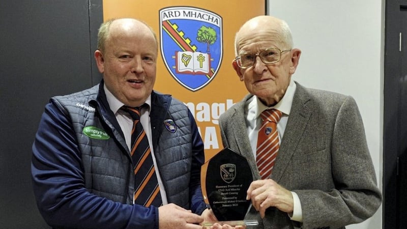 Joseph Canning, pictured county board chairman Mickey Savage, was named Armagh honourary president in January 2020 