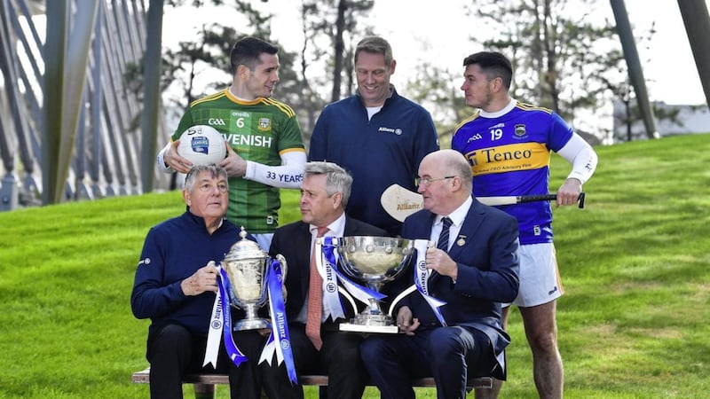 Clockwise, from front left, former Tipperary manager Michael &lsquo;Babs&rsquo; Keating, current Meath footballer Donal Keogan, former Meath footballer Graham Geraghty, Tipperary hurler John &lsquo;Bubbles&rsquo; O&rsquo;Dwyer, Uachtar&aacute;n Chumann L&uacute;thchleas Gael John Horan and Allianz Ireland boss Sean McGrath. Photo: Brendan Moran/Sportsfile 