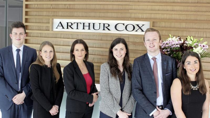 Arthur Cox managing partner Catriona Gibson (third from left) with current Arthur Cox trainees (from left) Jacob Gray, Laura McCrea, Charlotte Chestnutt, Conor McAleese and Johanna Cunningham 