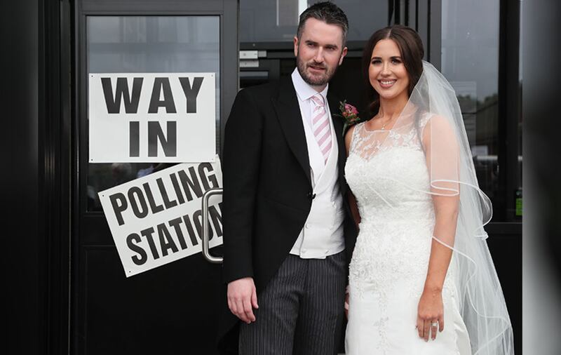 Alliance candidate for West Belfast Sorcha Eastwood got married to Dale Shirlow this morning and after the ceremony cast her vote. Picture by&nbsp;Brian Lawless, PA Wire