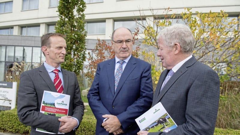 Confirming the merger are (from left) Andrew McConkey, chairman LacPatrick Dairies; Michael Hanley, CEO Lakeland Dairies; and Alo Duffy, chairman Lakeland Dairies 