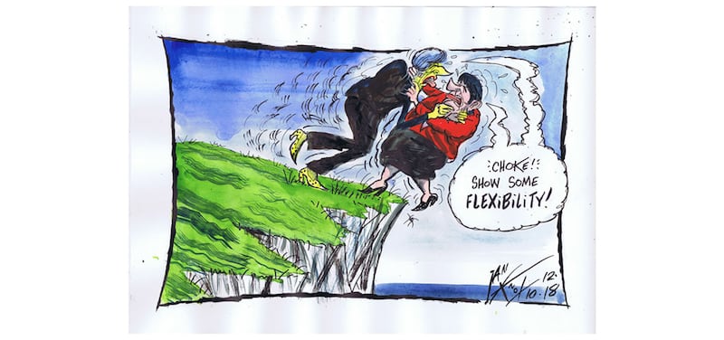 Ian Knox cartoon October 12 2018 - The mask of compatibility explodes with DUP threats to withdraw support to Theresa May. The future of both party leaders is openly discussed&nbsp;