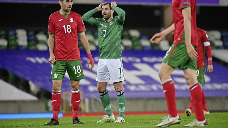 Northern Ireland&#39;s Niall McGinn holds his head after an effort was deflected wide against Bulgaria. 