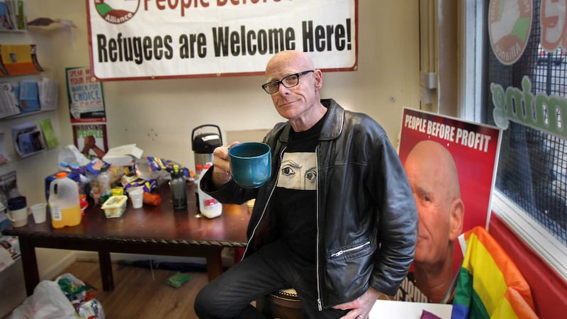 Foyle MLA Eamonn McCann having a cup of tea back at his pop-up campaign office hours after his victory as a People Before Profit candidate. Picture by Margaret McLaughlin&nbsp;