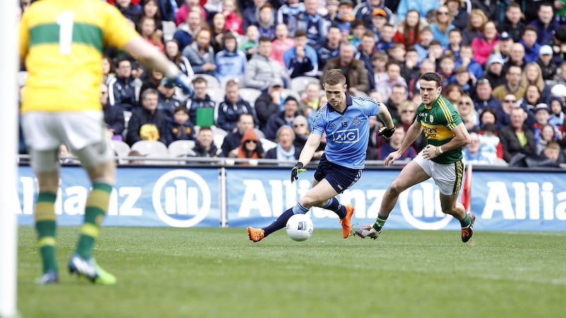 Dublin's Paul Mannion and Kerry's Shane Enright battle for the battle during this year's National Football League Division One final at Croke Park <br />Picture by Colm O'Reilly&nbsp;