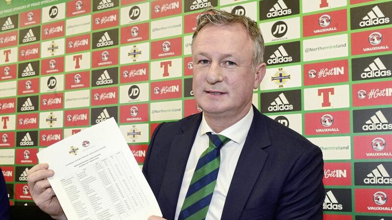 Northern Ireland manager Michael O&#39;Neill with his squad list for the forthcoming friendly against Korea Republic in Belfast. 