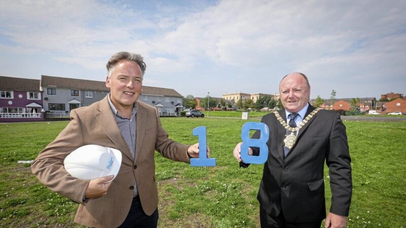 Lord Mayor Frank McCoubrey joined John McLean, chief executive at Radius Housing, at the site of the new housing development set to bring 18 new homes to Hopewell Crescent. Photo: Matt Mackey/Presseye 
