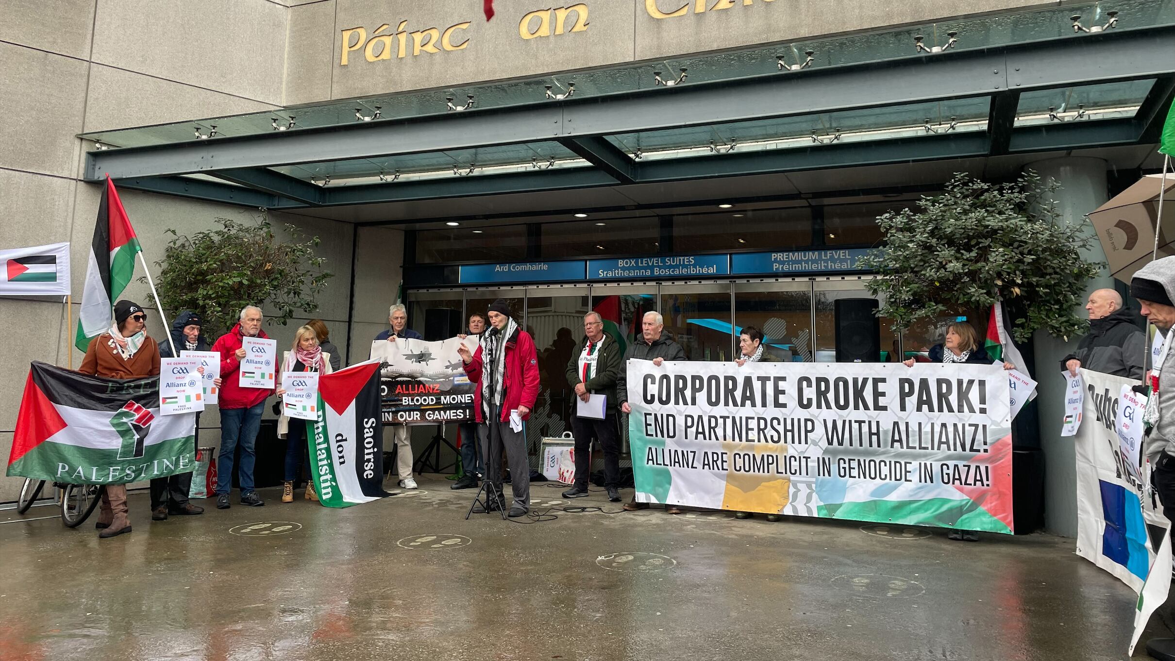 Pro-Palestine protesters outside GAA headquarters at Croke Park, Dublin, to oppose the organisation's decision to continue its sponsorship arrangement with Allianz. The insurance company's parent organisation was named in a UN report of global corporations deemed to be involved in Israel's military operation in Gaza.