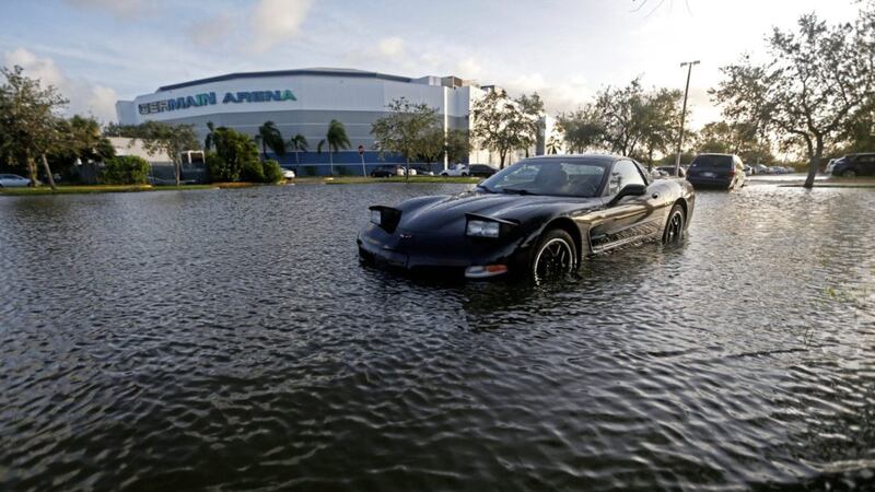 A flooded parking lot outside the Germain Arena, which was used as an evacuation shelter for Hurricane Irma in Estero, Florida PICTURE: Gerald Herbert/AP 