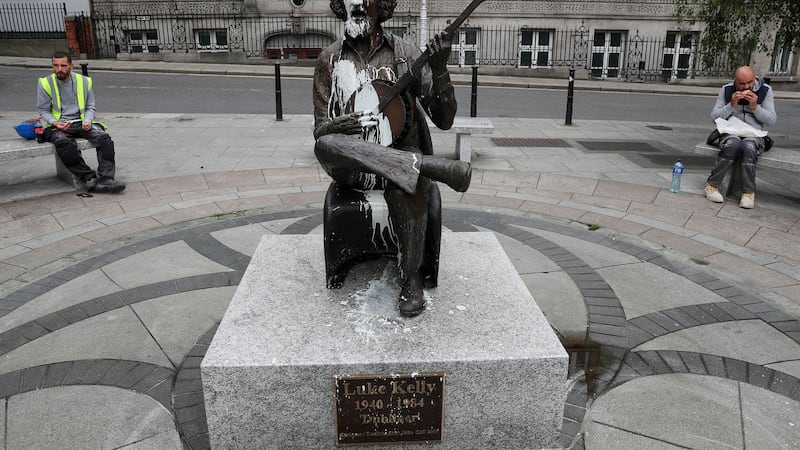 A statue of the late musician Luke Kelly on King Street South in Dublin's city centre after it was defaced overnight. Picture by Brian Lawless/PA Wire&nbsp;