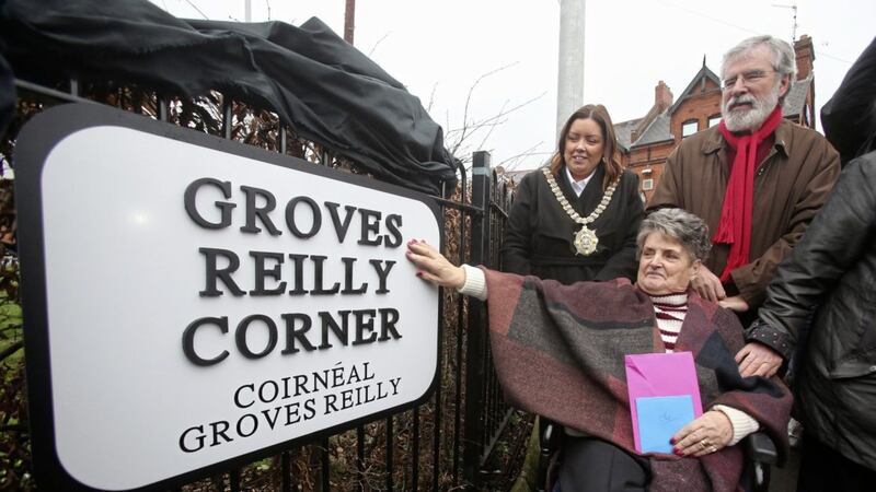 The site of the former Andersonstown police station renamed Groves Reilly Corner, after Clara Reilly (80) and her late friend, Emma Groves, who was blinded by a plastic bullet. Picture by Mal McCann 