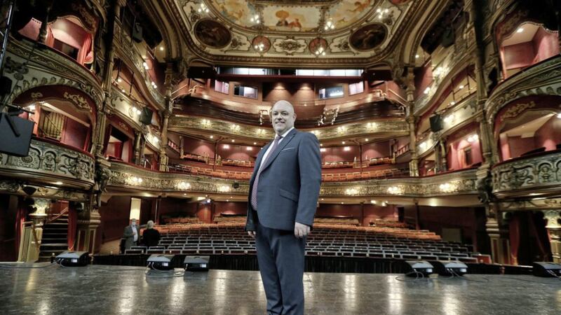 Ian Wilson, chief executive of the Grand Opera House, on the stage of the refurbished theatre as it prepares to open for tours next month. Picture by Hugh Russell 