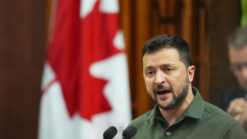 Volodymyr Zelensky delivers a speech in the House of Commons in Ottawa (Sean Kilpatrick /The Canadian Press via AP)