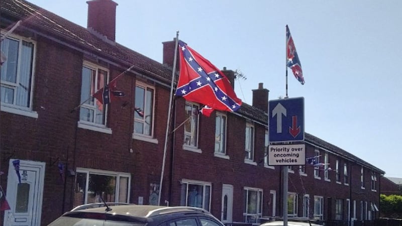 Confederate flags have appeared in Dee Street in east Belfast. Picture by Jack O'Dwyer-Henry on Twitter<br />@JackODwyerHenry