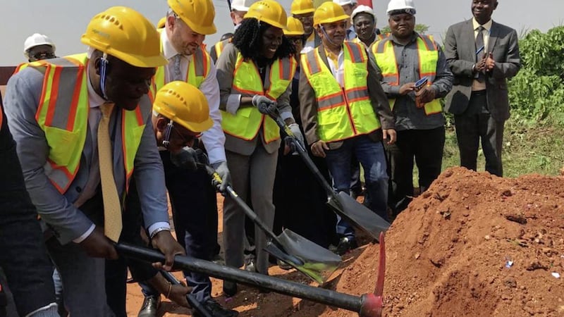 UK Minister for Africa, Andrew Stephenson (third left), breaking ground at the Kampala business park project with representatives from the Lagan Group and Ugandan government 