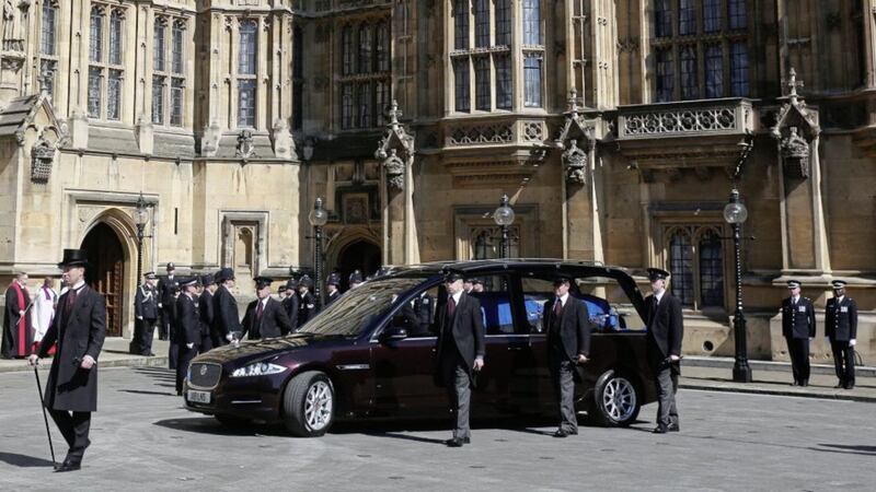 The coffin of Pc Keith Palmer arrives at Westminster&#39;s Chapel of St Mary Undercroft in London. Picture by Isabel Infantes, Press Association 