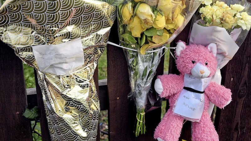 Flowers and tributes at the family home of Nadia Zofia Kalinowska on Fernagh Drive, Newtownabbey on the day of her funeral in January. Picture by Justin Kernoghan. 