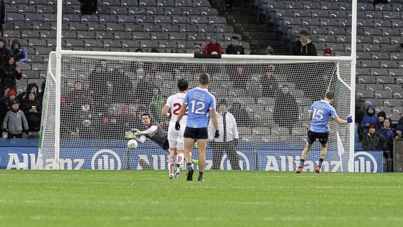 Dean Rock sees his penalty saved by Tyrone &#39;keeper Niall Morgan during the Febraury 2017 National League encounter between the sides at Croke Park  Picture by Philip Walsh 