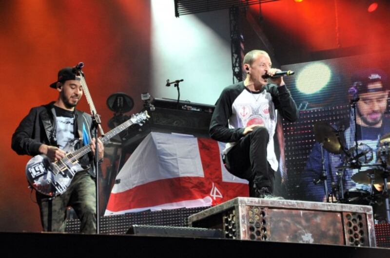 Mike Shinoda and Chester Bennington of Linkin Park perform during day two of the 2014 Download Festival