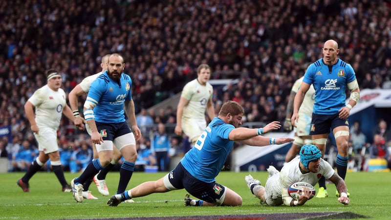 England wing Jack Nowell touches down for his his side's sixth try in their 36-15 Six Nations win over Italy at Twickenham. Picture by Press Association
