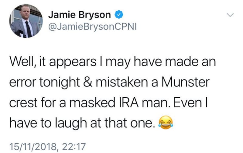 Jamie Bryson mistakes Munster flag for balaclava man at Aviva Stadium