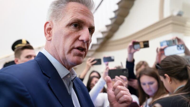 Speaker of the House Kevin McCarthy talks to reporters about the debt limit negotiations as he arrives at the Capitol in Washington (J Scott Applewhite/AP/PA)